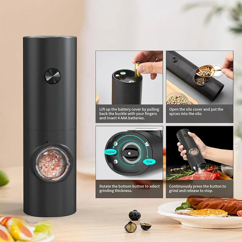 Electric Salt and Pepper Grinder Set Battery Powered Mill Adjustable 5 Levels of Coarseness Salt and Pepper Grinder with Base