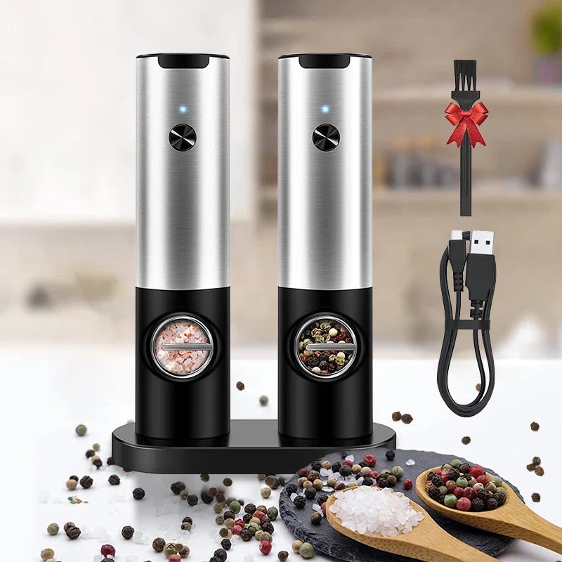 Electric Salt and Pepper Grinder Set With Led Light USB Rechargeable Automatic Spices Grinder Adjustable Spice Mill Kitchen Tool