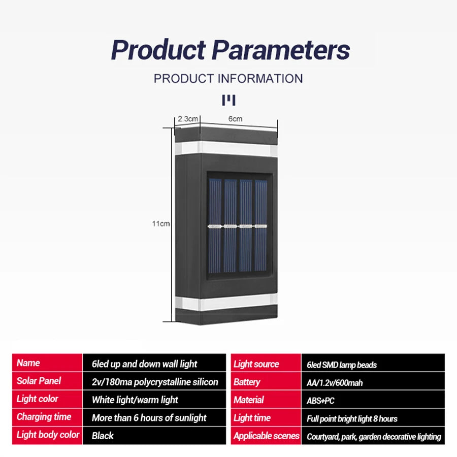 6/8/10/12 LED Solar Powered Wall Lamp Outdoor Waterproof Light UP and Down Illuminating Garden Yard Decoration Outside Sunlights