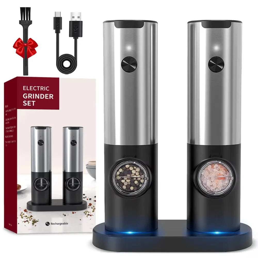 Electric Salt and Pepper Grinder Set With Led Light USB Rechargeable Automatic Spices Grinder Adjustable Spice Mill Kitchen Tool